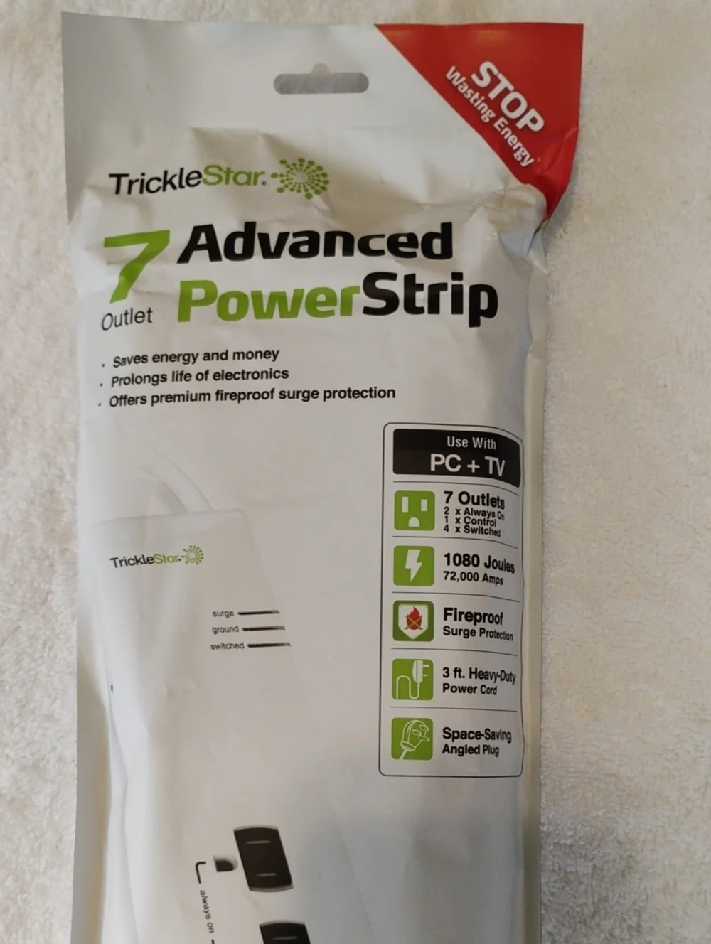 Tricklestar Advanced Power Strip 7-Outlet Surge Protector - White/Green